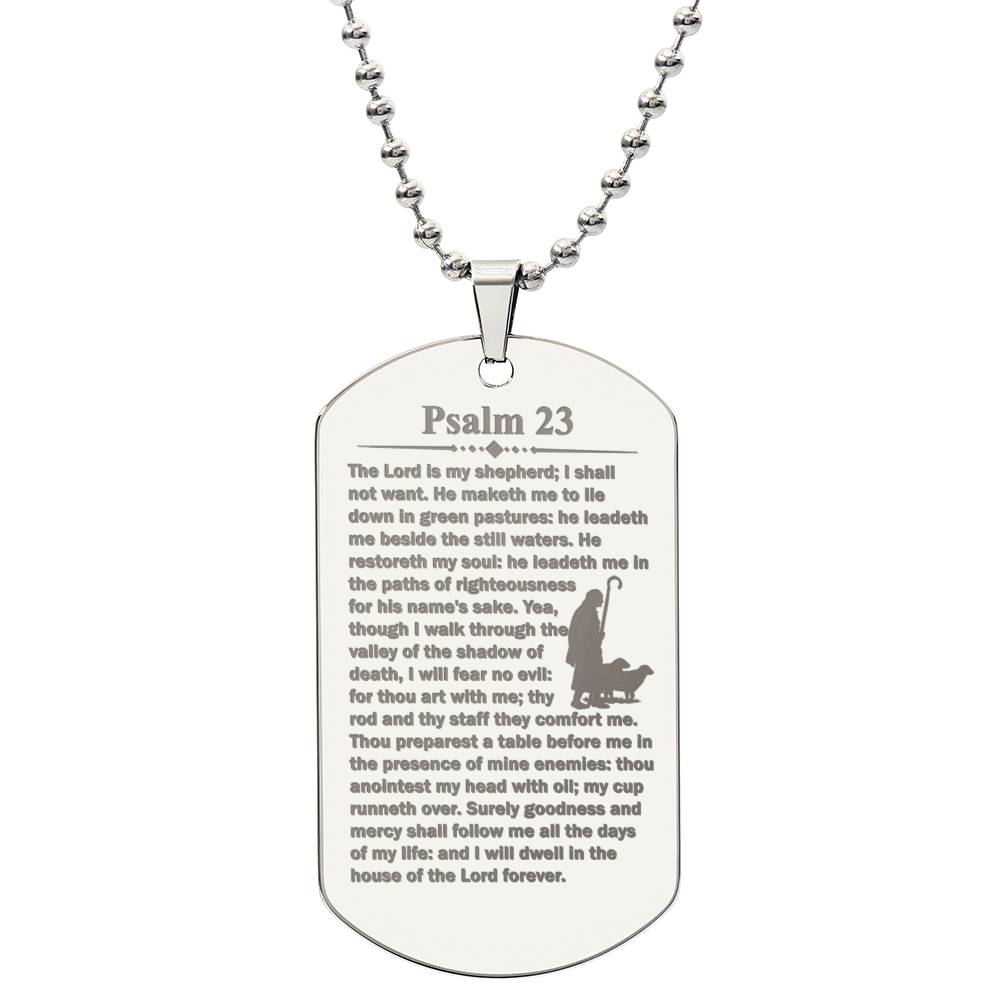 Psalm 23 English Lord is My Shepherd Engraved Dog Tag Necklace Stainless Steel or 18k Gold w 24" Chain-Express Your Love Gifts