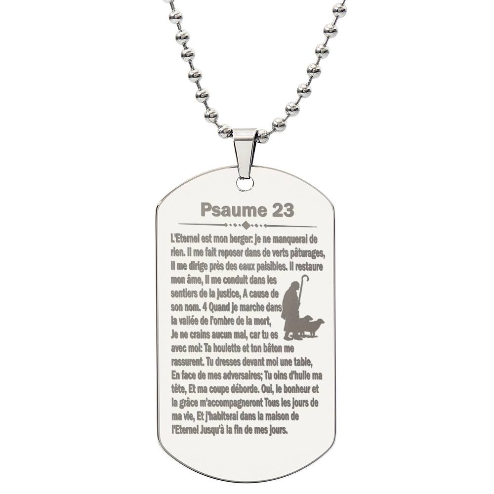 Psalm 23 French Psaume 23 Engraved Dog Tag Necklace Stainless Steel or 18k Gold w 24" Chain-Express Your Love Gifts