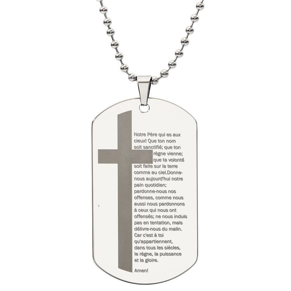 Lord's Prayer French Notre Père Dogtag Engraved Dog Tag Necklace Stainless Steel or 18k Gold w 24" Chain-Express Your Love Gifts