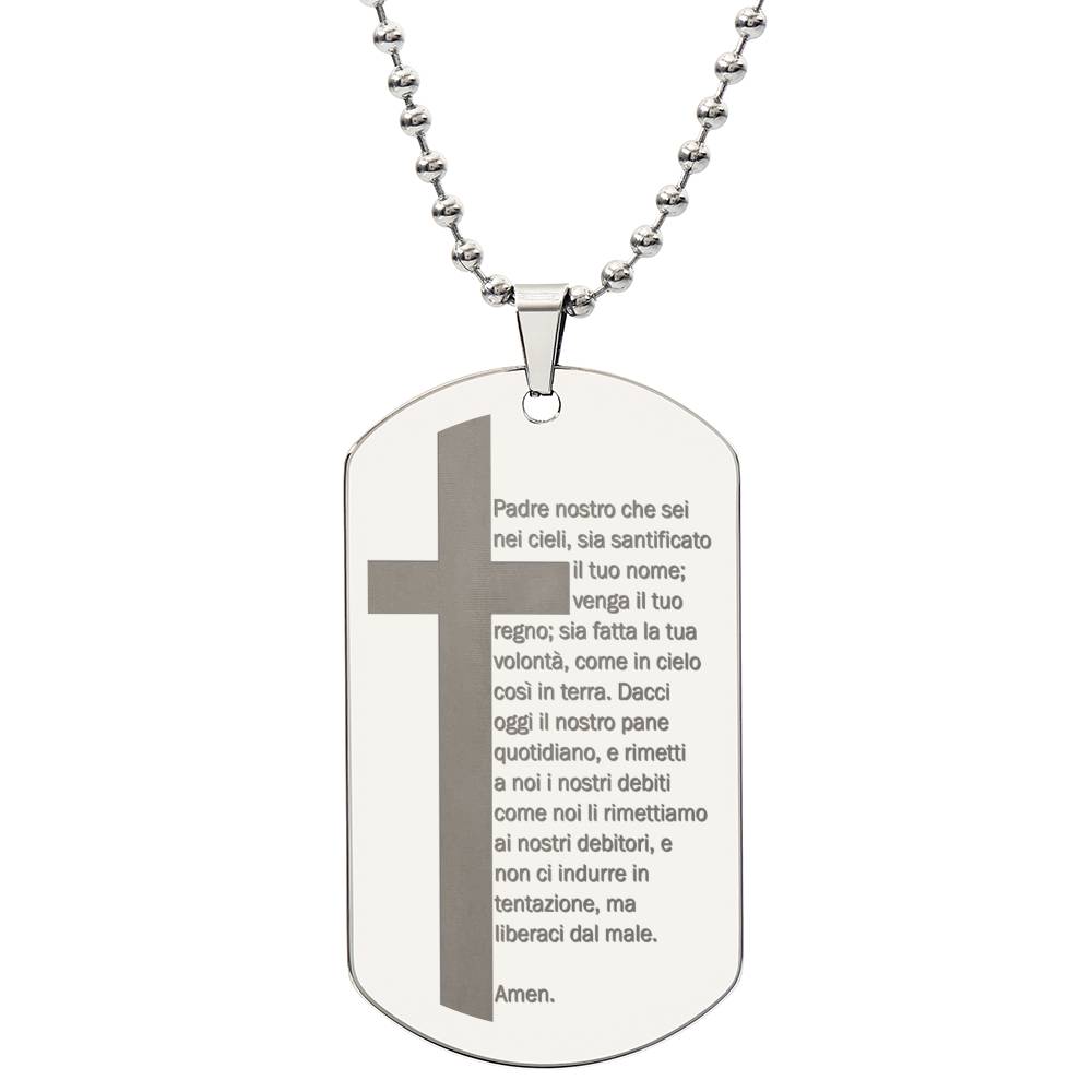 Lord's Prayer Italian Padre Nostro Engraved Dog Tag Necklace Stainless Steel or 18k Gold w 24" Chain-Express Your Love Gifts