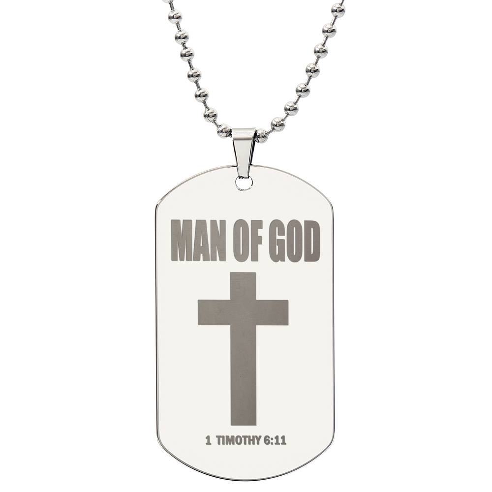 Man of God 1 Timothy 6.11 Engraved Dog Tag Necklace Stainless Steel or 18k Gold w 24" Chain-Express Your Love Gifts