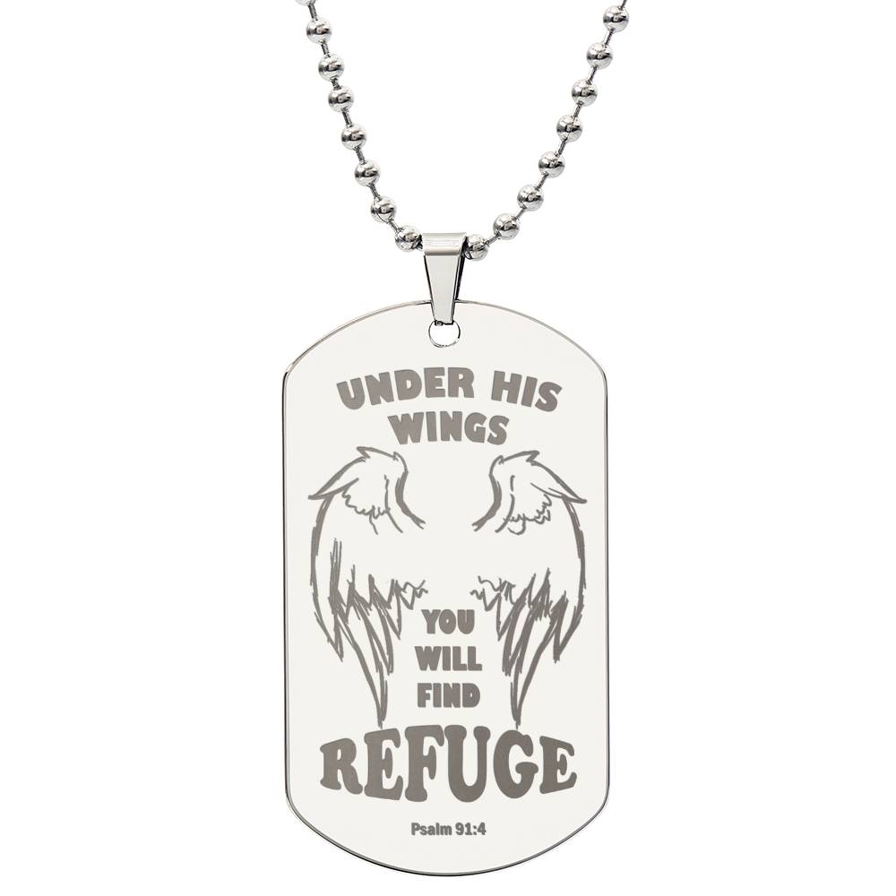 Psalm 91 Refuge Under His Wings Engraved Dog Tag Necklace Stainless Steel or 18k Gold w 24" Chain-Express Your Love Gifts