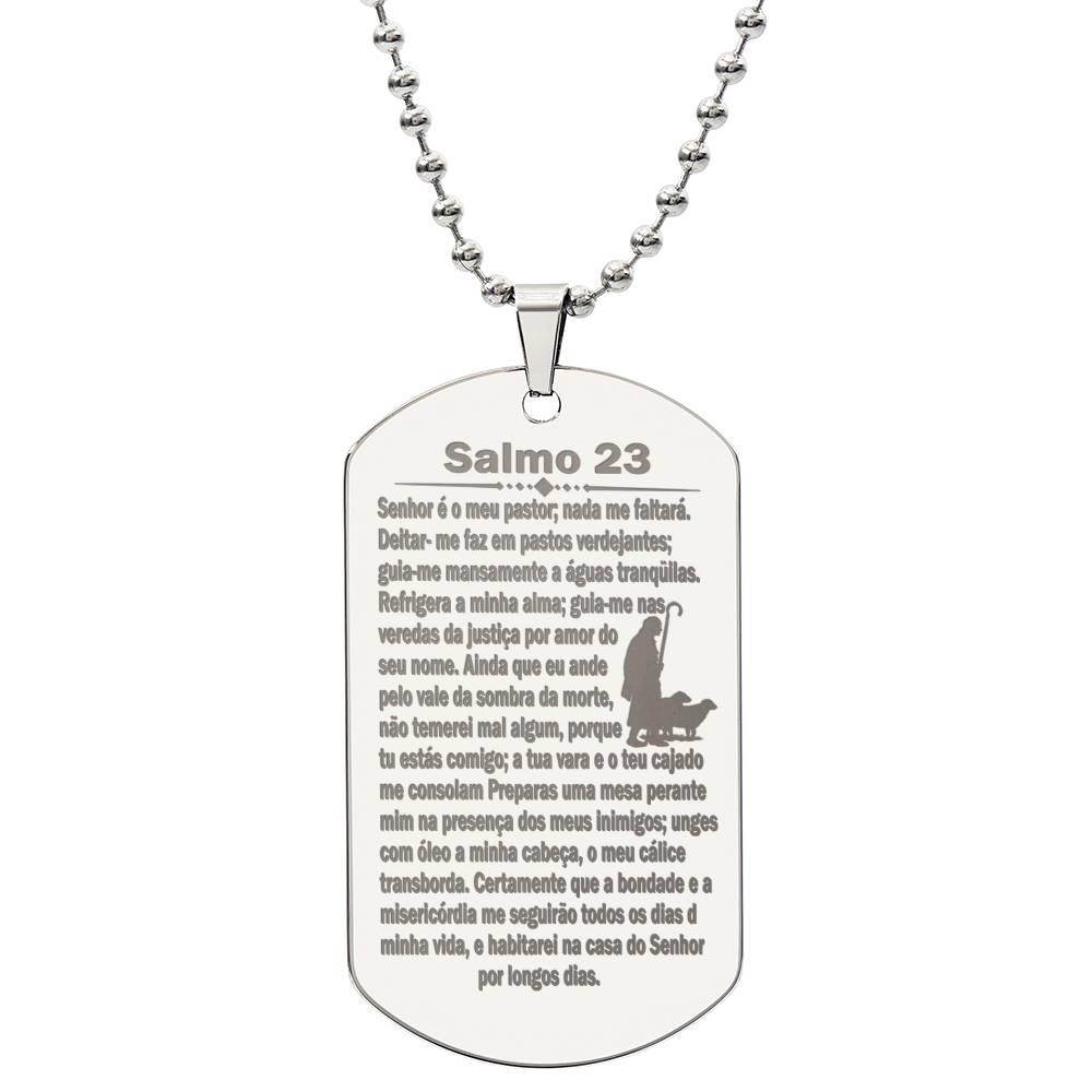 Psalm 23 Portuguese Salmo 23 Engraved Dog Tag Necklace Stainless Steel or 18k Gold w 24" Chain-Express Your Love Gifts