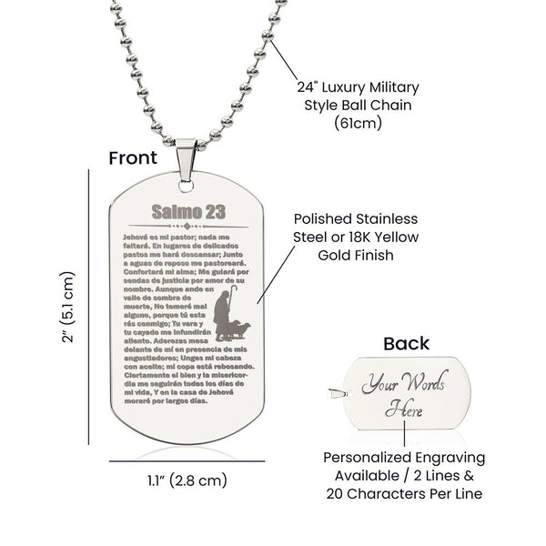 Salmo 23 Psalm 23 Spanish Necklace Stainless Steel or 18k Gold Dog Tag 24