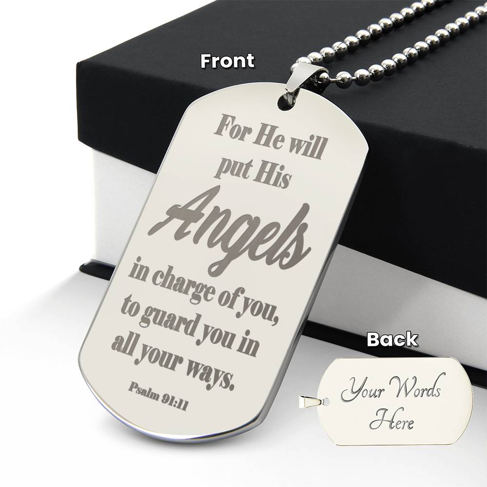 Angels Protect Psalm 91.11 Engraved Dog Tag Necklace Stainless Steel or 18k Gold w 24" Chain-Express Your Love Gifts