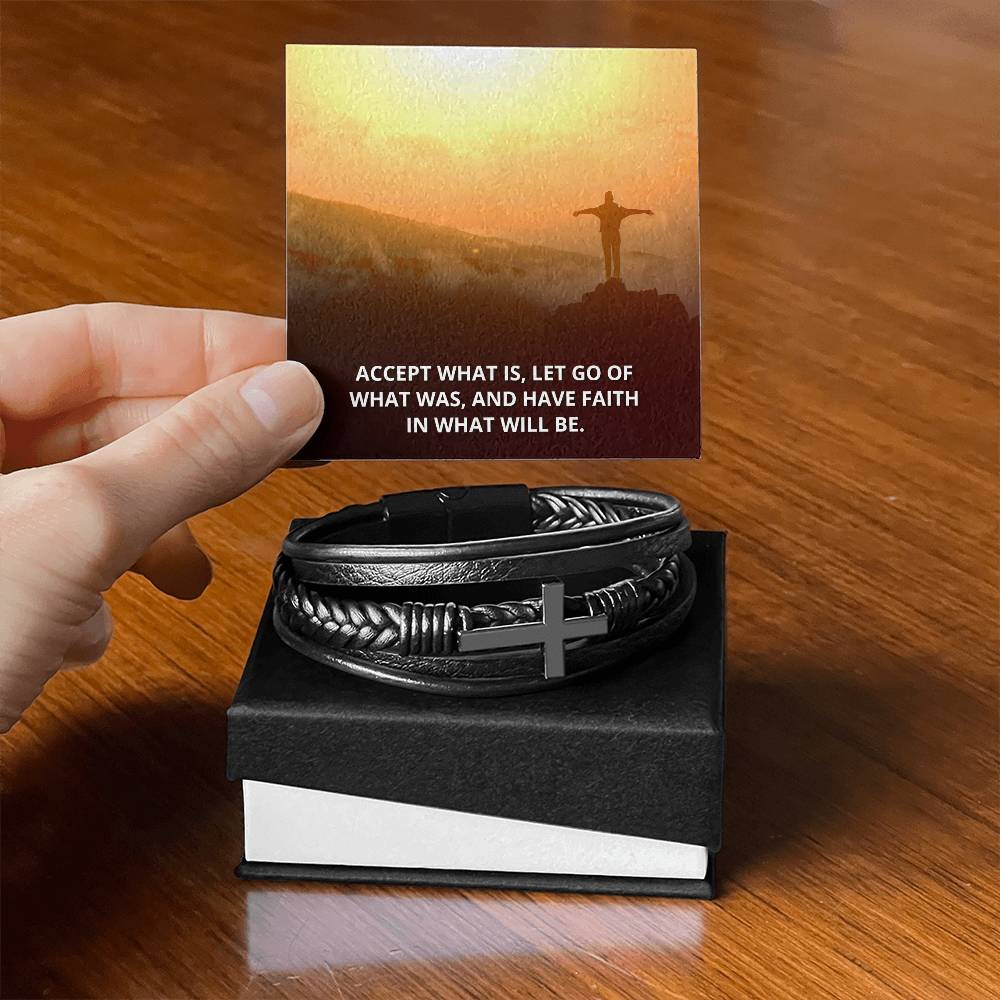 Accept What Is Men's Stainless Steel & Vegan Leather Cross Bracelet - Vegan Leather with Stainless Steel-Express Your Love Gifts