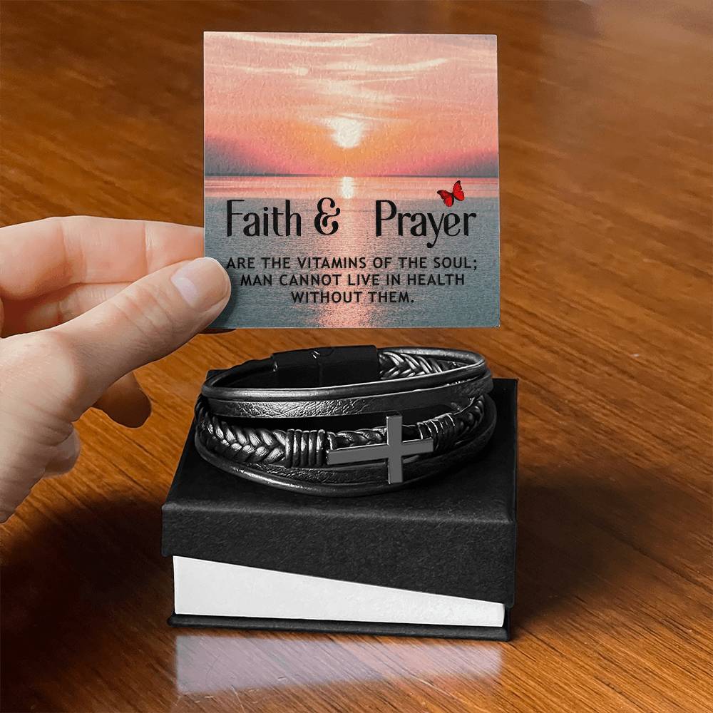 Faith & Prayer Matthew 21:22 Men's Stainless Steel & Vegan Leather Cross Bracelet - Vegan Leather with Stainless Steel-Express Your Love Gifts