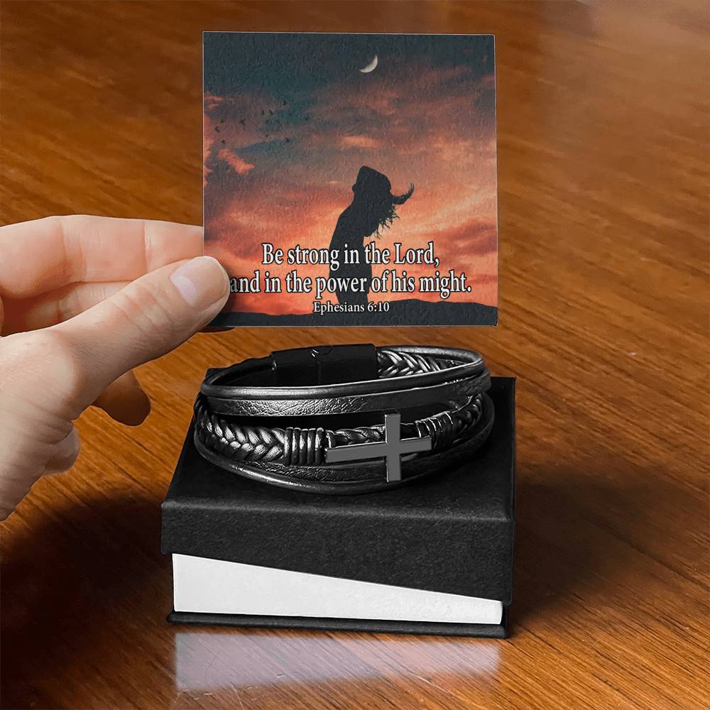 Be Strong in The Lord Ephesians 6:10 Men's Stainless Steel & Vegan Leather Cross Bracelet - Vegan Leather with Stainless Steel-Express Your Love Gifts