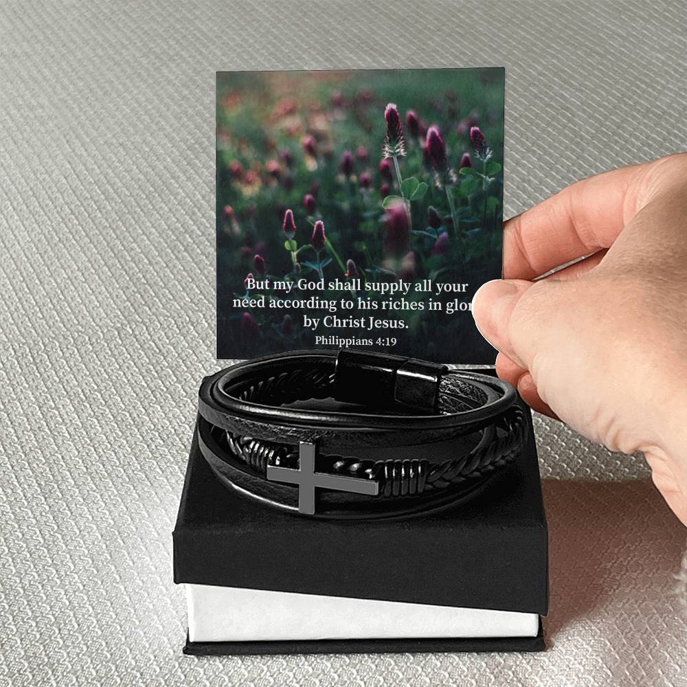 All You Need Faith Philippians 4:19 Men's Stainless Steel & Vegan Leather Cross Bracelet - Vegan Leather with Stainless Steel-Express Your Love Gifts