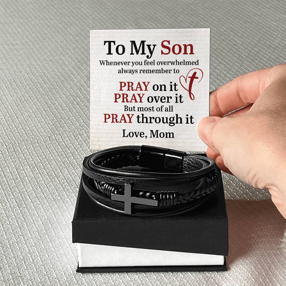 To My Son From Mom Pray on it Men's Cross Bracelet - Vegan Leather with Stainless Steel-Express Your Love Gifts