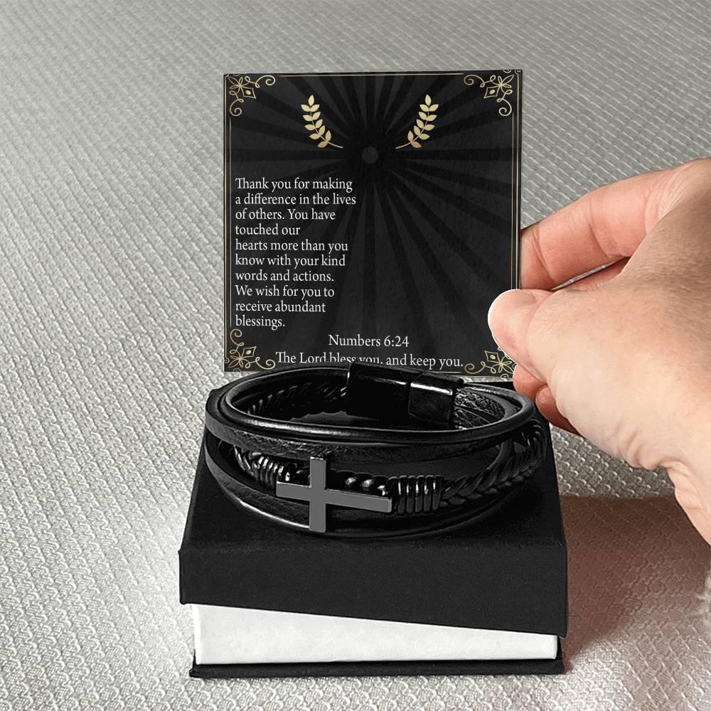 Blessed are The Servant Numbers 6:24 Men's Stainless Steel & Vegan Leather Cross Bracelet - Vegan Leather with Stainless Steel-Express Your Love Gifts