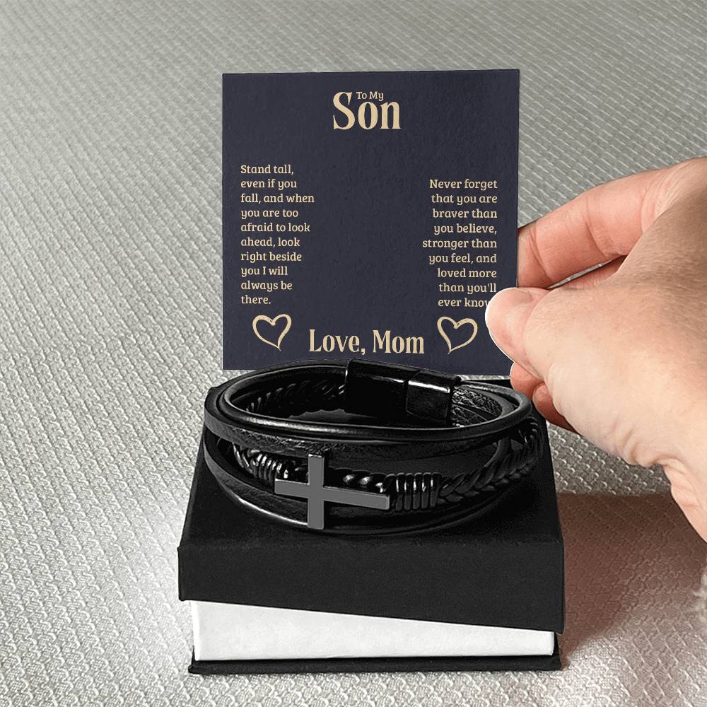 To My Son Stand Tall From Mom Men's Cross Bracelet - Vegan Leather with Stainless Steel-Express Your Love Gifts