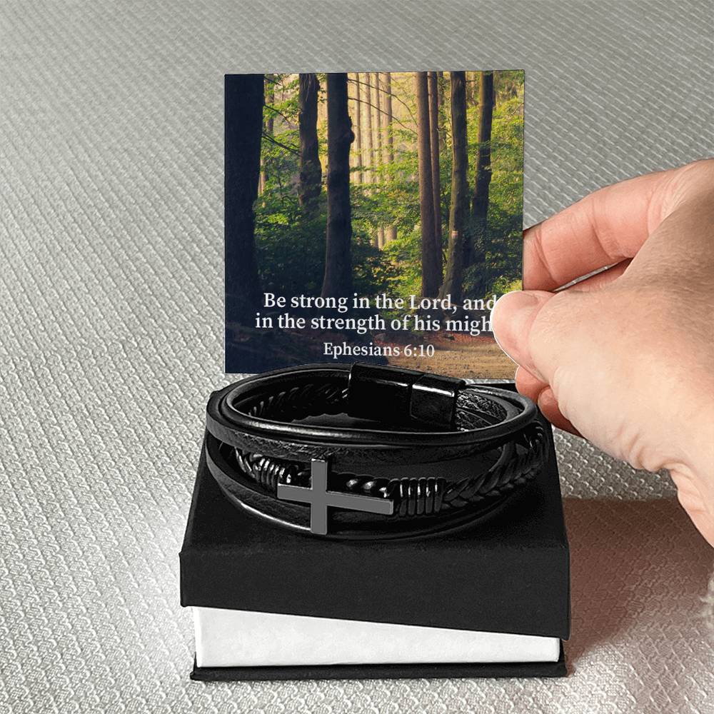 Be Strong in the Lord Ephesians 6:10 Forest Men's Stainless Steel & Vegan Leather Cross Bracelet - Vegan Leather with Stainless Steel-Express Your Love Gifts