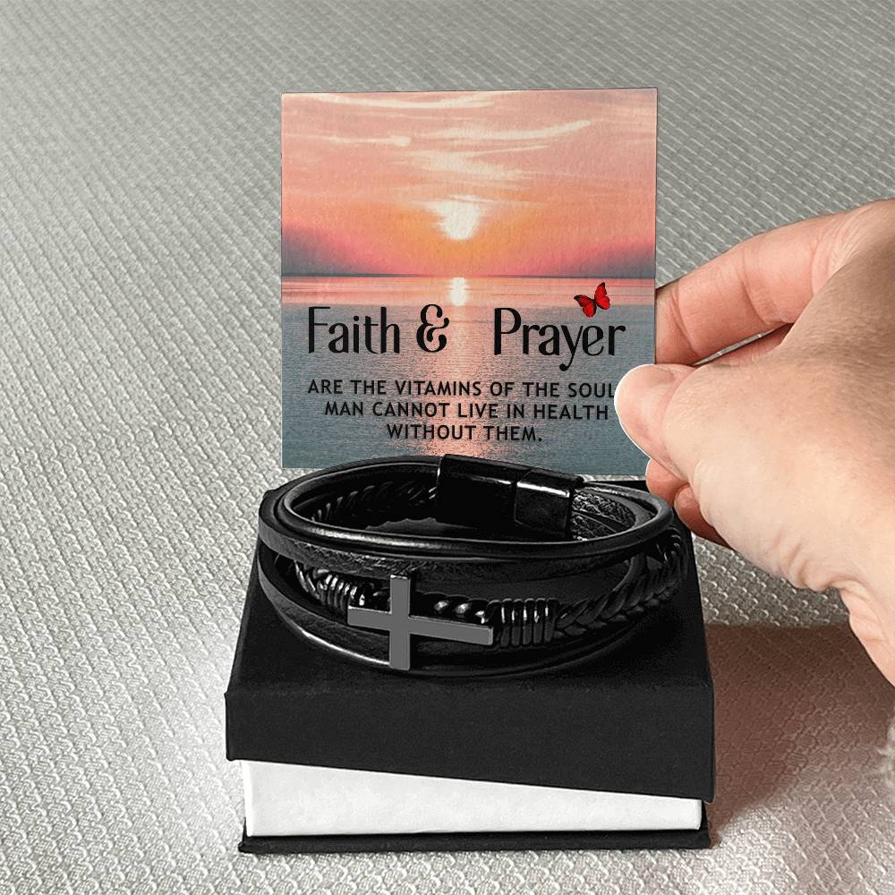 Faith & Prayer Matthew 21:22 Men's Stainless Steel & Vegan Leather Cross Bracelet - Vegan Leather with Stainless Steel-Express Your Love Gifts