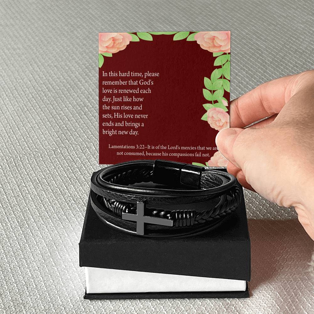 Get Well Surrounded in Prayer Lamentations 3:22 Men's Stainless Steel & Vegan Leather Cross Bracelet - Vegan Leather with Stainless Steel-Express Your Love Gifts