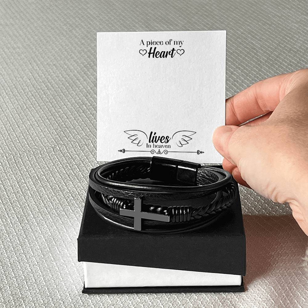 A Piece of my Heart Lives in Heaven Men's Cross Bracelet - Vegan Leather with Stainless Steel-Express Your Love Gifts