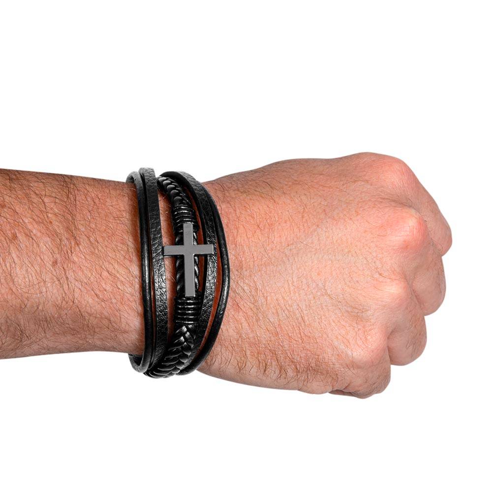 To My Little Brother Love Your Lord With All Your Strength Men's Cross Bracelet - Vegan Leather with Stainless Steel-Express Your Love Gifts
