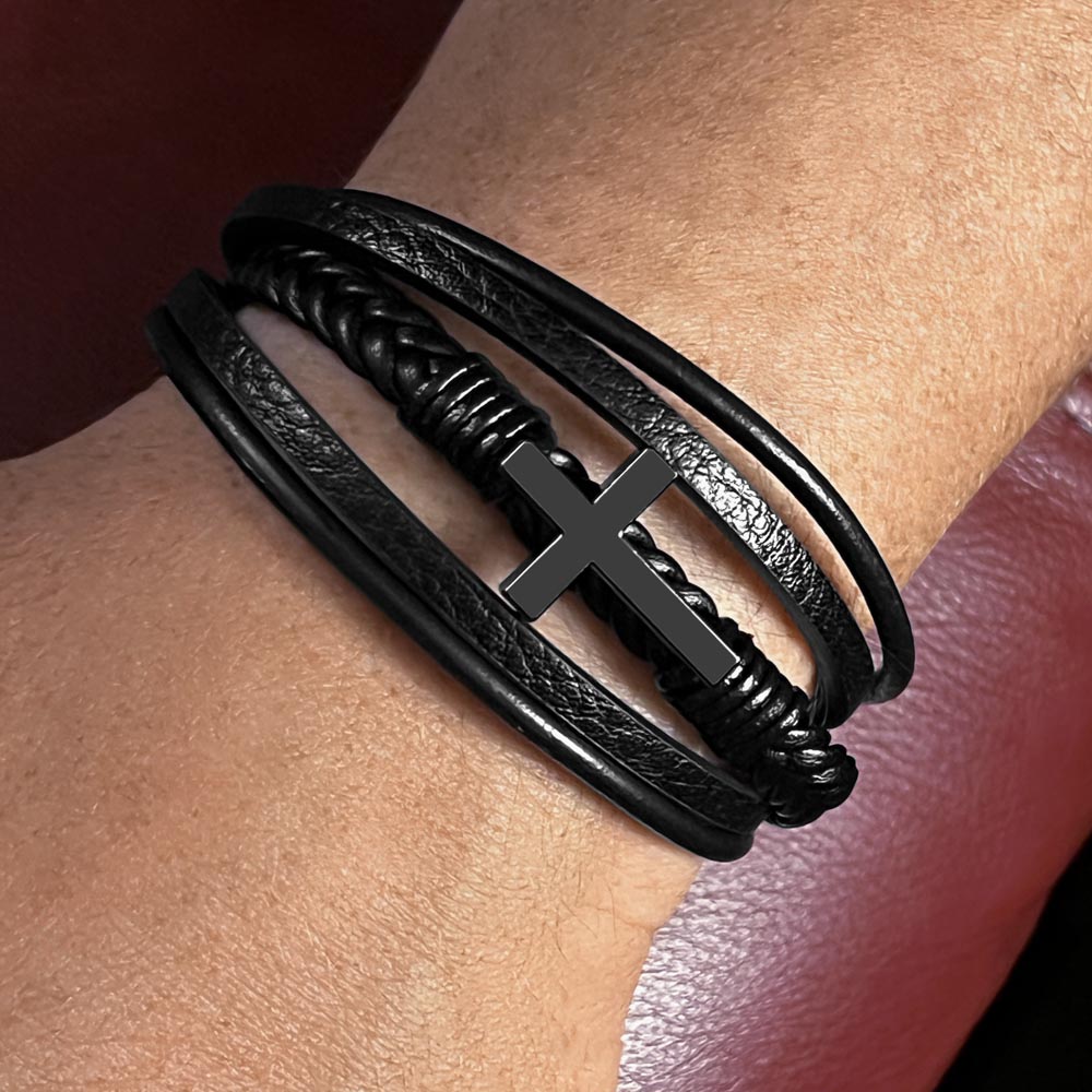 Faith and Prayer Men's Stainless Steel & Vegan Leather Cross Bracelet - Vegan Leather with Stainless Steel-Express Your Love Gifts