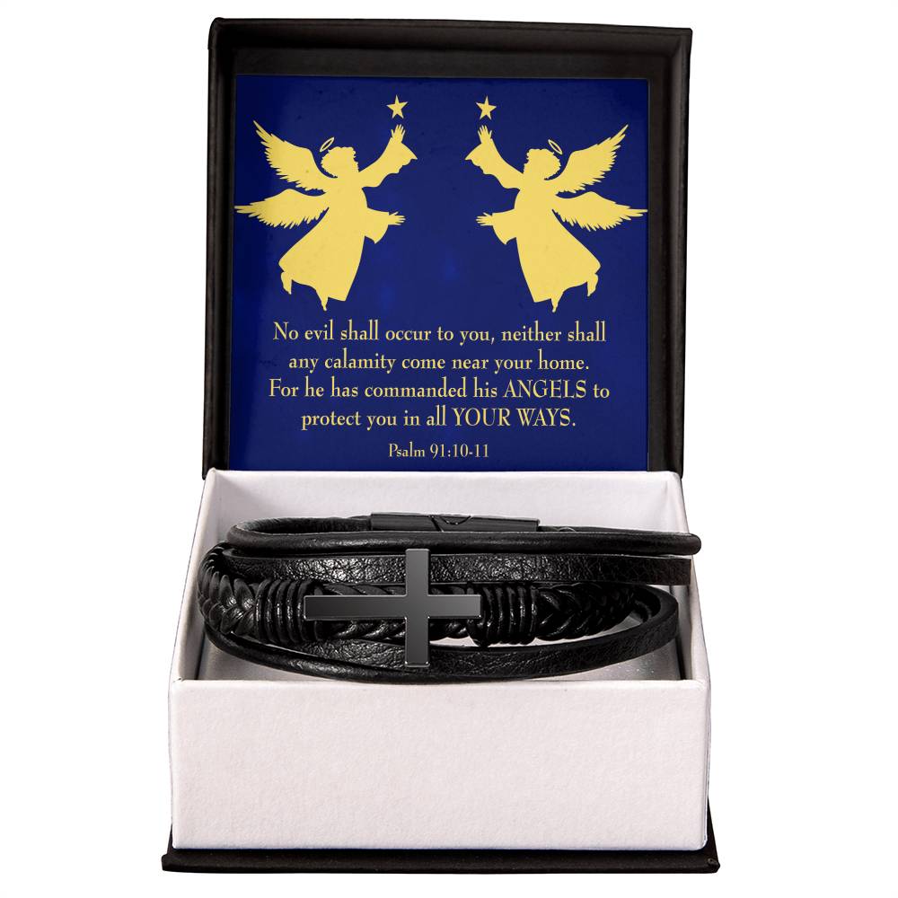 Angels Over You Psalm 91 Men's Stainless Steel & Vegan Leather Cross Bracelet - Vegan Leather with Stainless Steel-Express Your Love Gifts