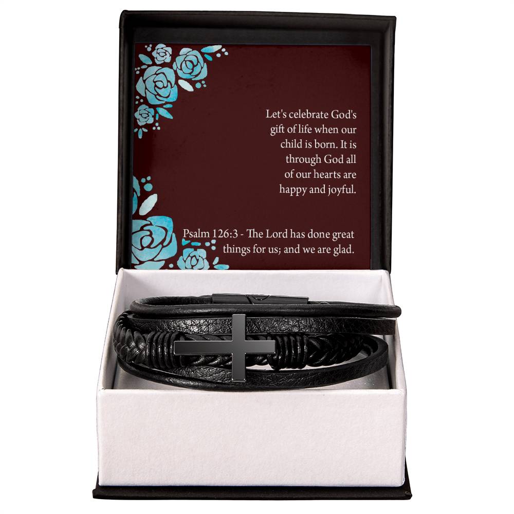 Baby Girl is God&#39;s Gift Psalm 126:3 Men&#39;s Stainless Steel &amp; Vegan Leather Cross Bracelet - Vegan Leather with Stainless Steel-Express Your Love Gifts