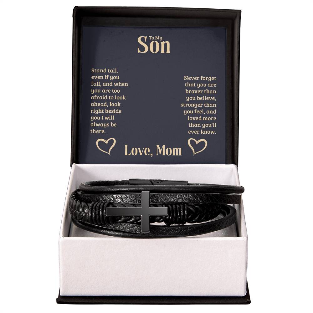 To My Son Stand Tall From Mom Men&#39;s Cross Bracelet - Vegan Leather with Stainless Steel-Express Your Love Gifts