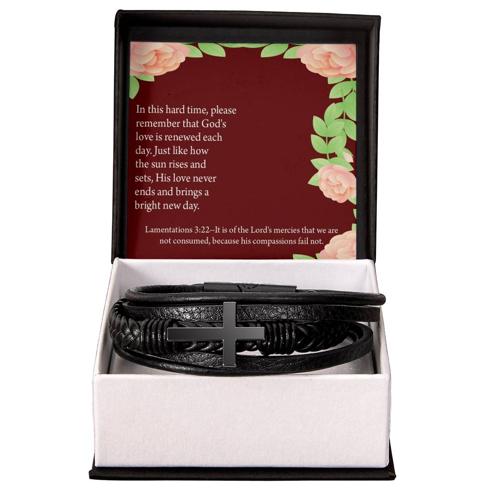 Get Well Surrounded in Prayer Lamentations 3:22 Men&#39;s Stainless Steel &amp; Vegan Leather Cross Bracelet - Vegan Leather with Stainless Steel-Express Your Love Gifts