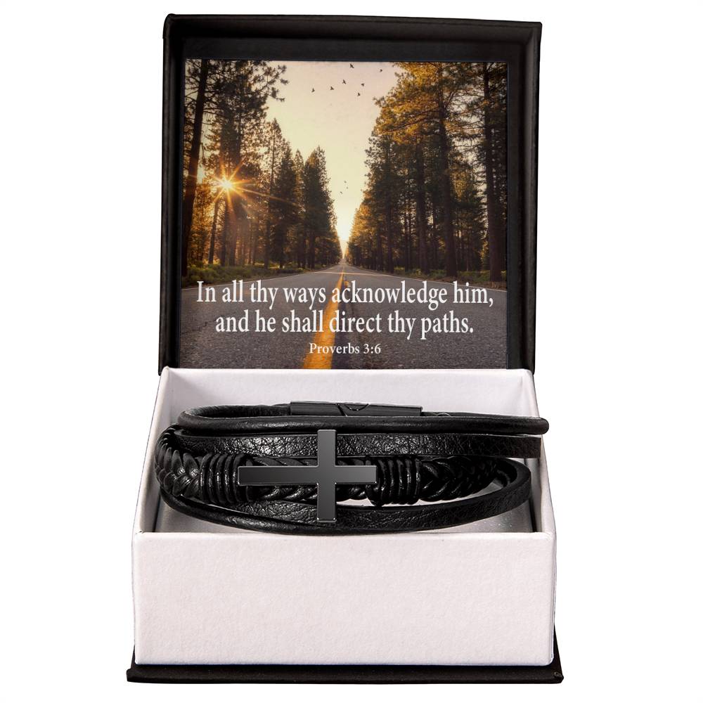 Acknowledge Him Proverbs 3:6 Men&#39;s Stainless Steel &amp; Vegan Leather Cross Bracelet - Vegan Leather with Stainless Steel-Express Your Love Gifts