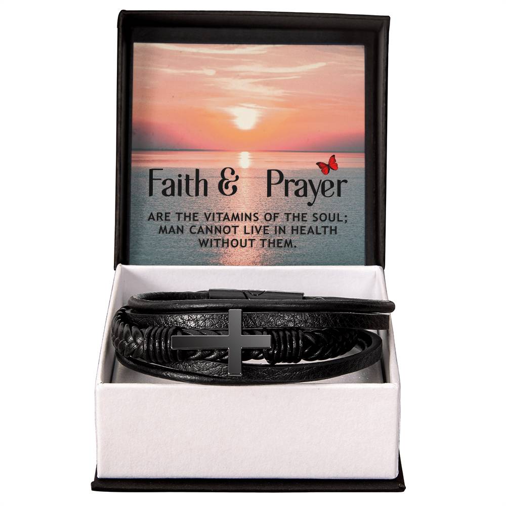 Faith &amp; Prayer Matthew 21:22 Men&#39;s Stainless Steel &amp; Vegan Leather Cross Bracelet - Vegan Leather with Stainless Steel-Express Your Love Gifts