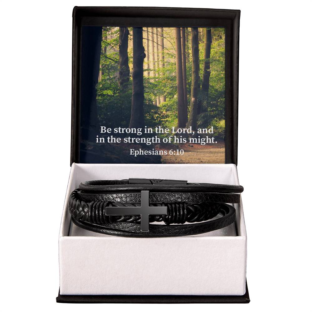 Be Strong in the Lord Ephesians 6:10 Forest Men&#39;s Stainless Steel &amp; Vegan Leather Cross Bracelet - Vegan Leather with Stainless Steel-Express Your Love Gifts