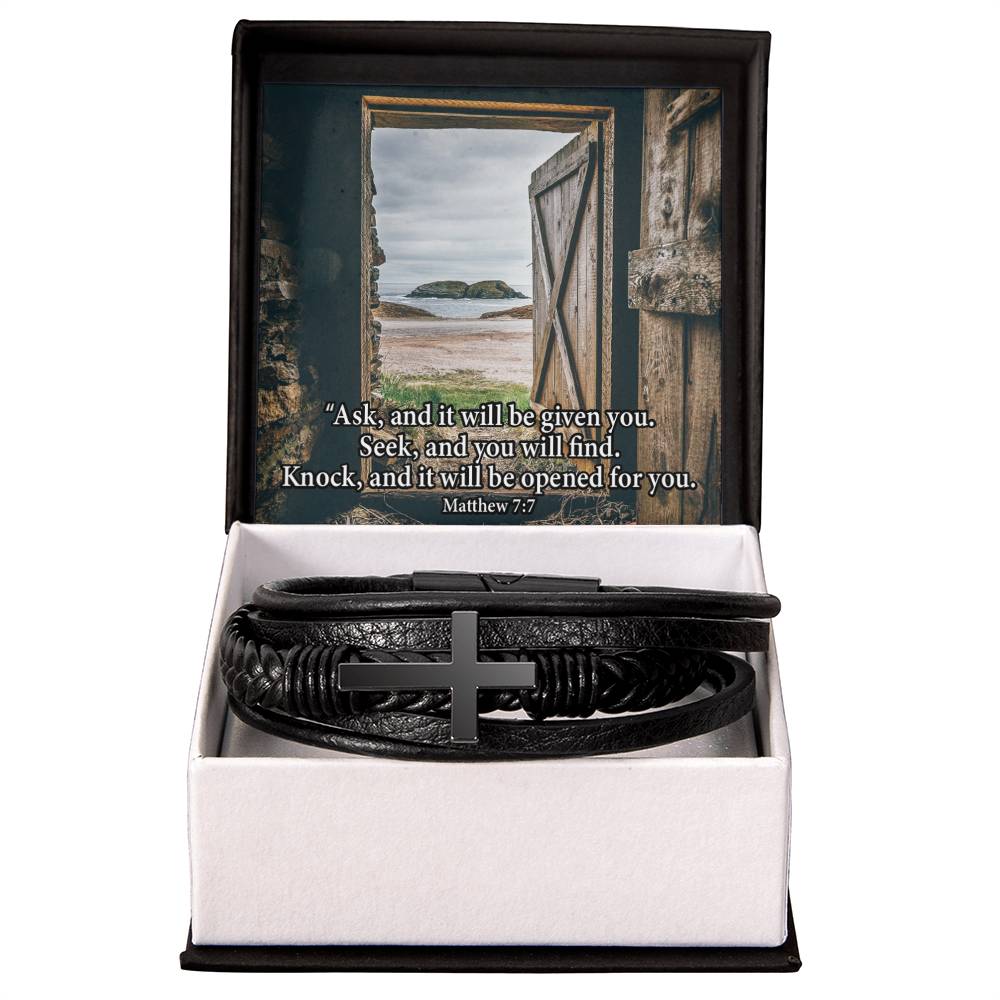 Ask & You Shall Receive Matthew 7:7 Men's Stainless Steel & Vegan Leather Cross Bracelet - Vegan Leather with Stainless Steel-Express Your Love Gifts