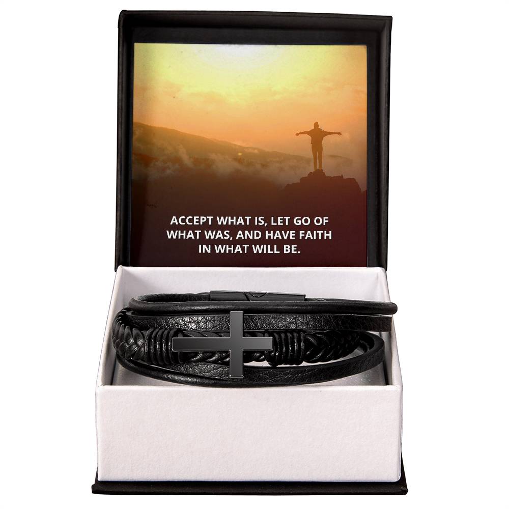 Accept What Is Men's Stainless Steel & Vegan Leather Cross Bracelet - Vegan Leather with Stainless Steel-Express Your Love Gifts