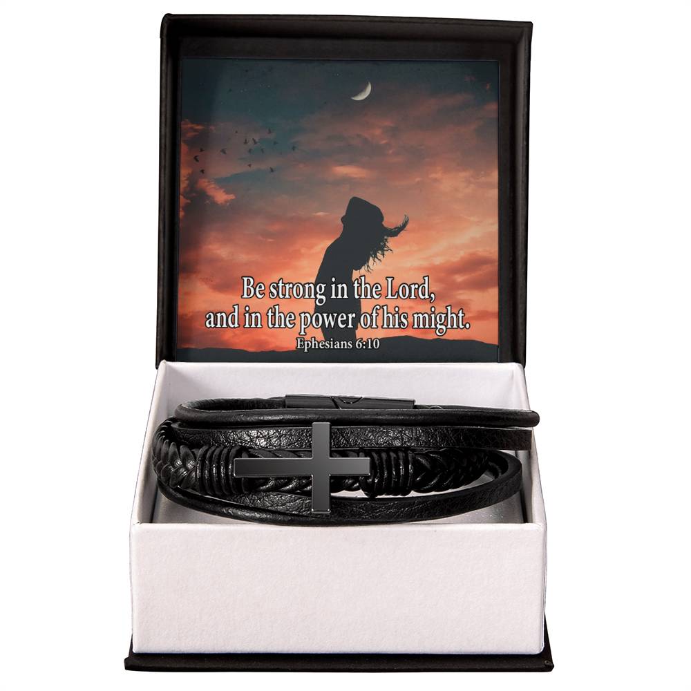 Be Strong in The Lord Ephesians 6:10 Men&#39;s Stainless Steel &amp; Vegan Leather Cross Bracelet - Vegan Leather with Stainless Steel-Express Your Love Gifts