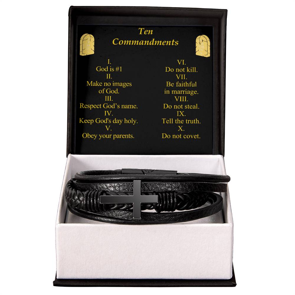 Ten Commandments Men&#39;s Stainless Steel &amp; Vegan Leather Cross Bracelet - Vegan Leather with Stainless Steel-Express Your Love Gifts