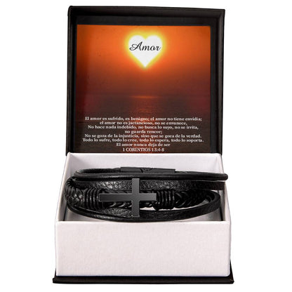 Amor Spanish Corintos 13:4-8 Men's Stainless Steel & Vegan Leather Cross Bracelet - Vegan Leather with Stainless Steel-Express Your Love Gifts