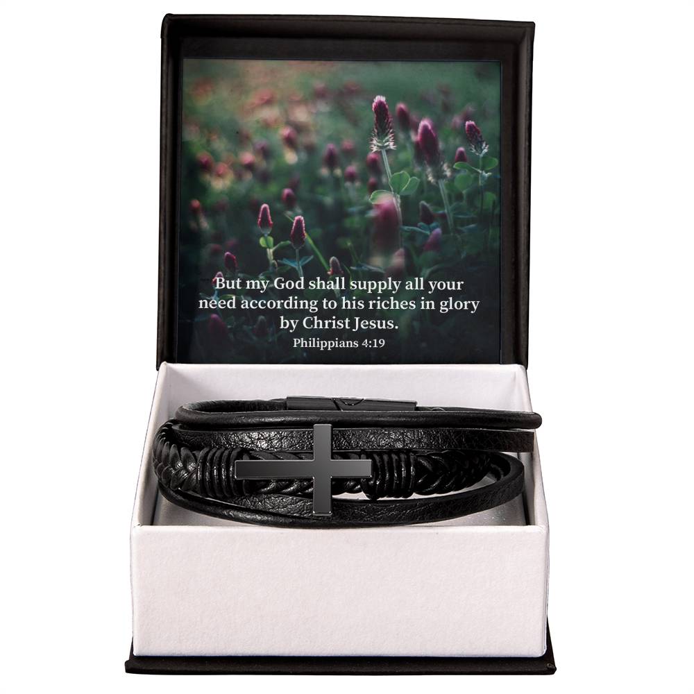 All You Need Faith Philippians 4:19 Men&#39;s Stainless Steel &amp; Vegan Leather Cross Bracelet - Vegan Leather with Stainless Steel-Express Your Love Gifts