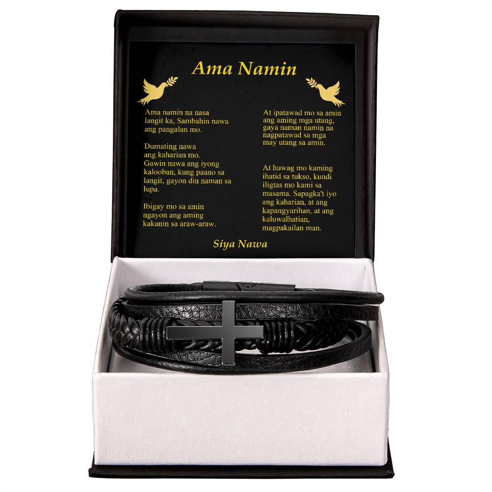 Lords Prayer Tagalog Ama Namin Men's Stainless Steel & Vegan Leather Cross Bracelet - Vegan Leather with Stainless Steel-Express Your Love Gifts