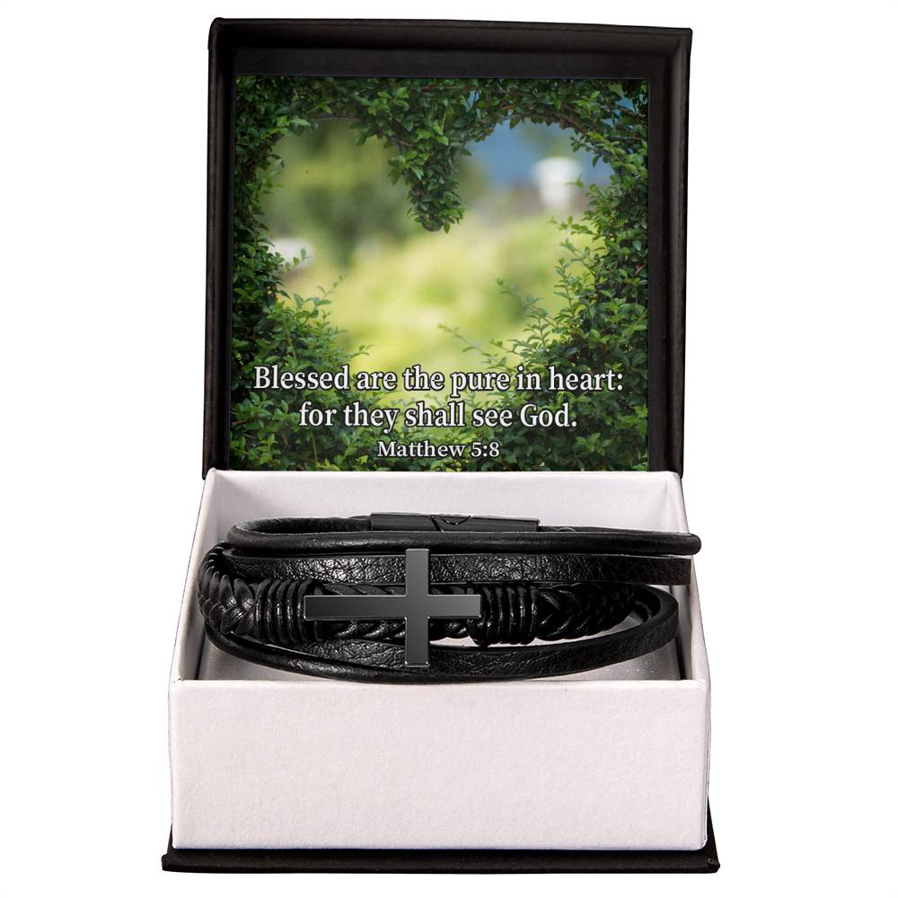 Blessed Pure in Heart Matthew 5:8 Men&#39;s Stainless Steel &amp; Vegan Leather Cross Bracelet - Vegan Leather with Stainless Steel-Express Your Love Gifts