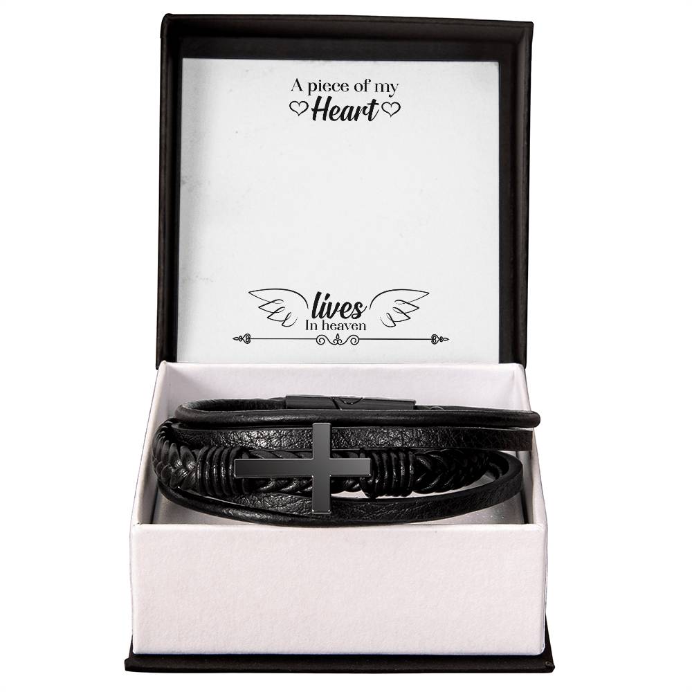 A Piece of my Heart Lives in Heaven Men&#39;s Cross Bracelet - Vegan Leather with Stainless Steel-Express Your Love Gifts