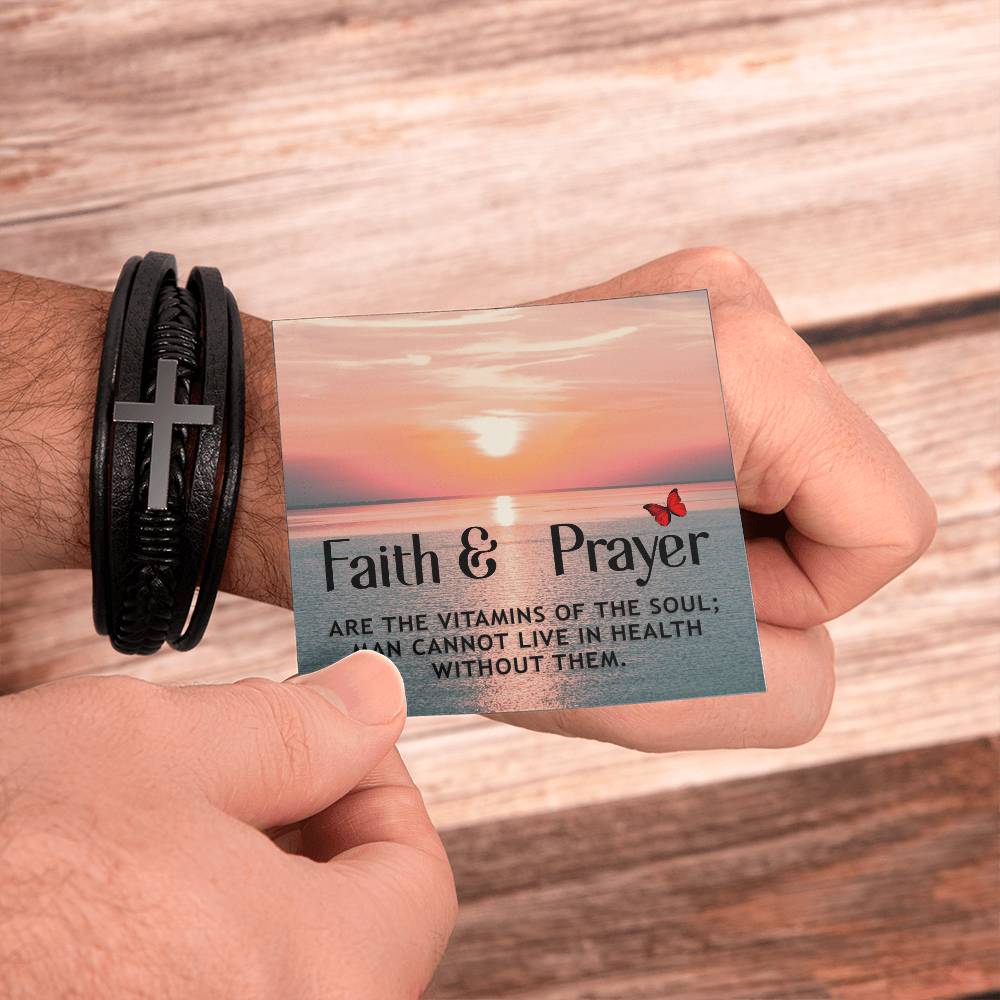 Faith and Prayer Men's Stainless Steel & Vegan Leather Cross Bracelet - Vegan Leather with Stainless Steel-Express Your Love Gifts