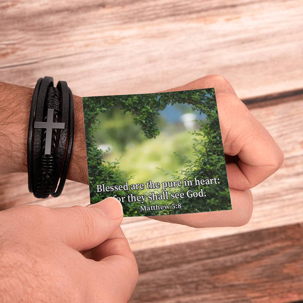 Blessed Pure in Heart Matthew 5:8 Men's Stainless Steel & Vegan Leather Cross Bracelet - Vegan Leather with Stainless Steel-Express Your Love Gifts