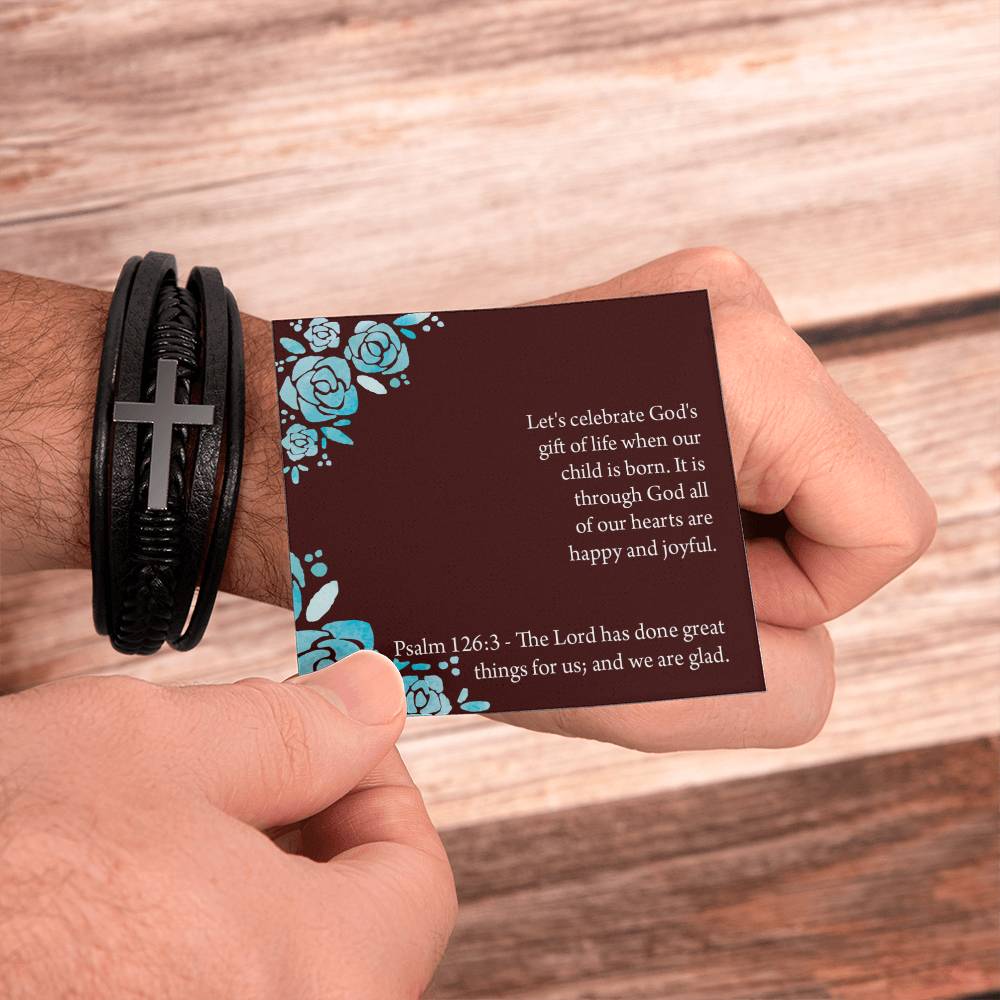 Baby Girl is God's Gift Psalm 126:3 Men's Stainless Steel & Vegan Leather Cross Bracelet - Vegan Leather with Stainless Steel-Express Your Love Gifts