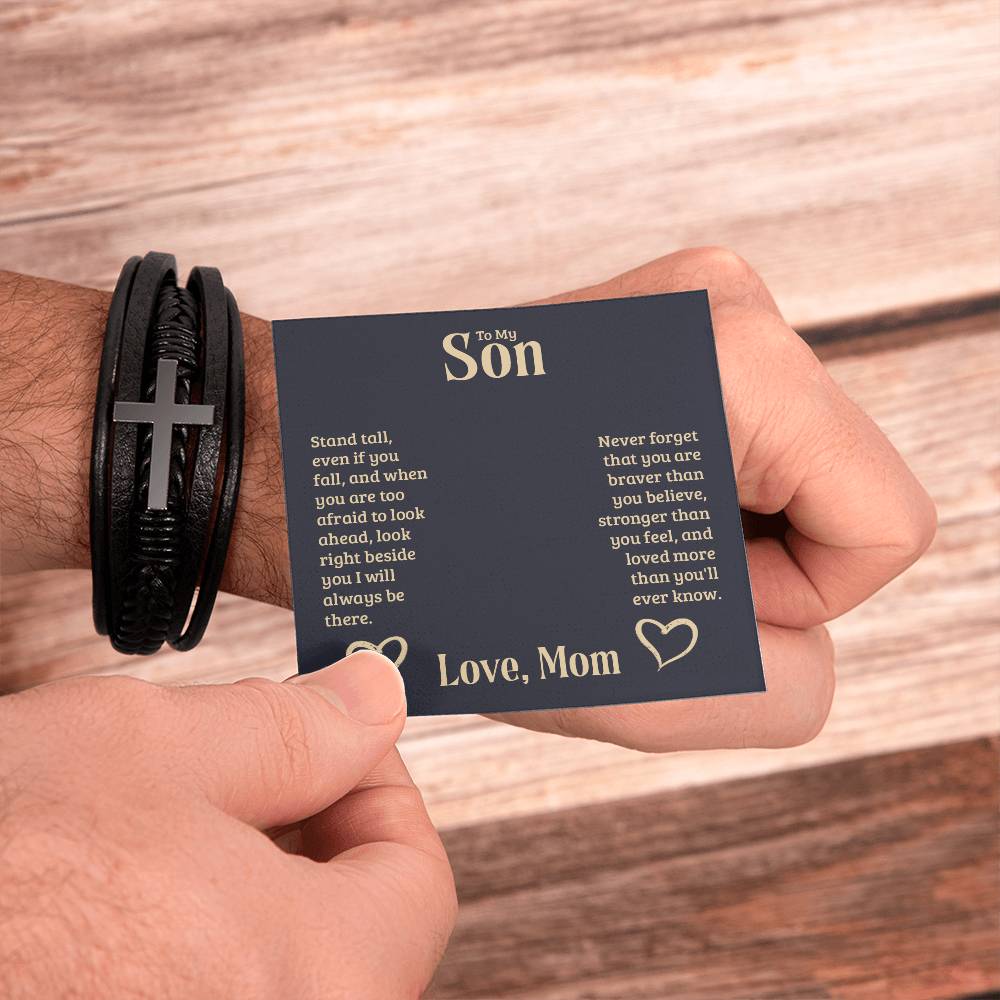 To My Son Stand Tall From Mom Men's Cross Bracelet - Vegan Leather with Stainless Steel-Express Your Love Gifts