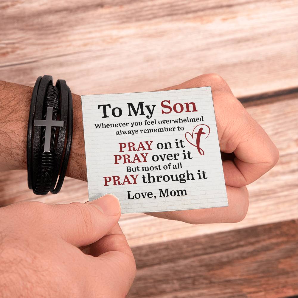 To My Son From Mom Pray on it Men's Cross Bracelet - Vegan Leather with Stainless Steel-Express Your Love Gifts