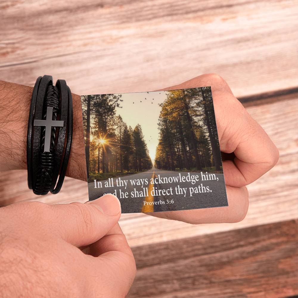 Acknowledge Him Proverbs 3:6 Men's Stainless Steel & Vegan Leather Cross Bracelet - Vegan Leather with Stainless Steel-Express Your Love Gifts