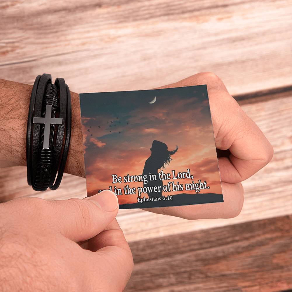 Be Strong in The Lord Ephesians 6:10 Men's Stainless Steel & Vegan Leather Cross Bracelet - Vegan Leather with Stainless Steel-Express Your Love Gifts