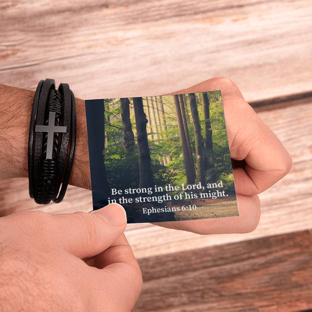 Be Strong in the Lord Ephesians 6:10 Forest Men's Stainless Steel & Vegan Leather Cross Bracelet - Vegan Leather with Stainless Steel-Express Your Love Gifts