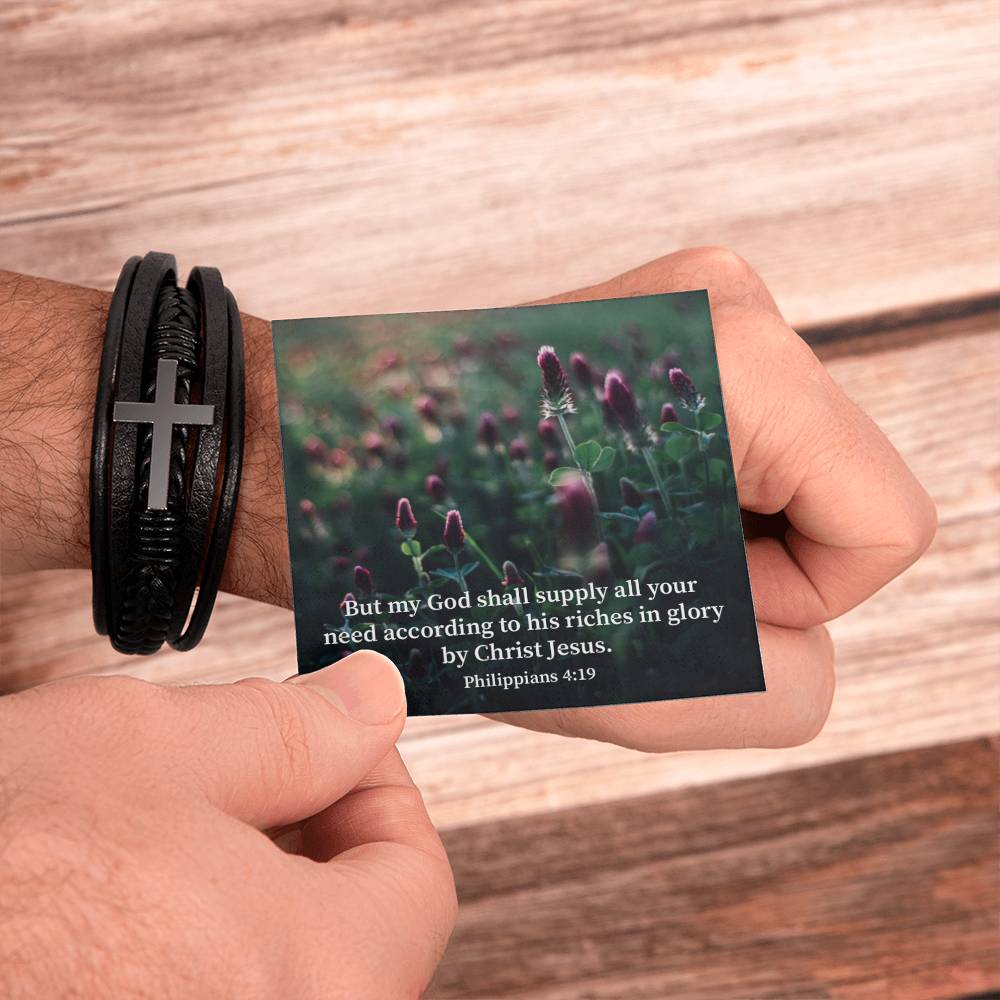 All You Need Faith Philippians 4:19 Men's Stainless Steel & Vegan Leather Cross Bracelet - Vegan Leather with Stainless Steel-Express Your Love Gifts