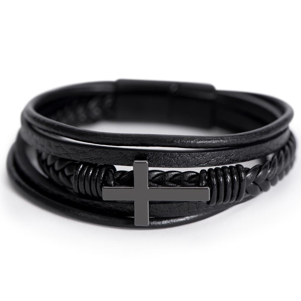 Blessed Pure in Heart Matthew 5:8 Men's Stainless Steel & Vegan Leather Cross Bracelet - Vegan Leather with Stainless Steel-Express Your Love Gifts