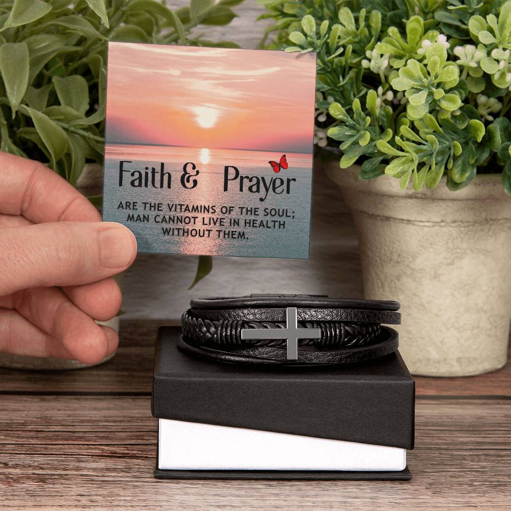 Faith & Prayer Matthew 21:22 Men's Stainless Steel & Vegan Leather Cross Bracelet - Vegan Leather with Stainless Steel-Express Your Love Gifts