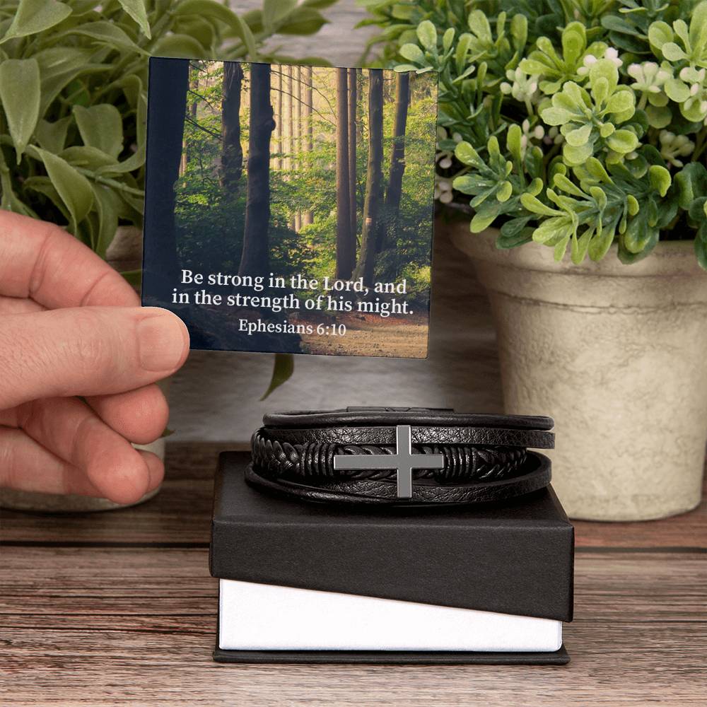 Be Strong in the Lord Ephesians 6:10 Forest Men's Stainless Steel & Vegan Leather Cross Bracelet - Vegan Leather with Stainless Steel-Express Your Love Gifts